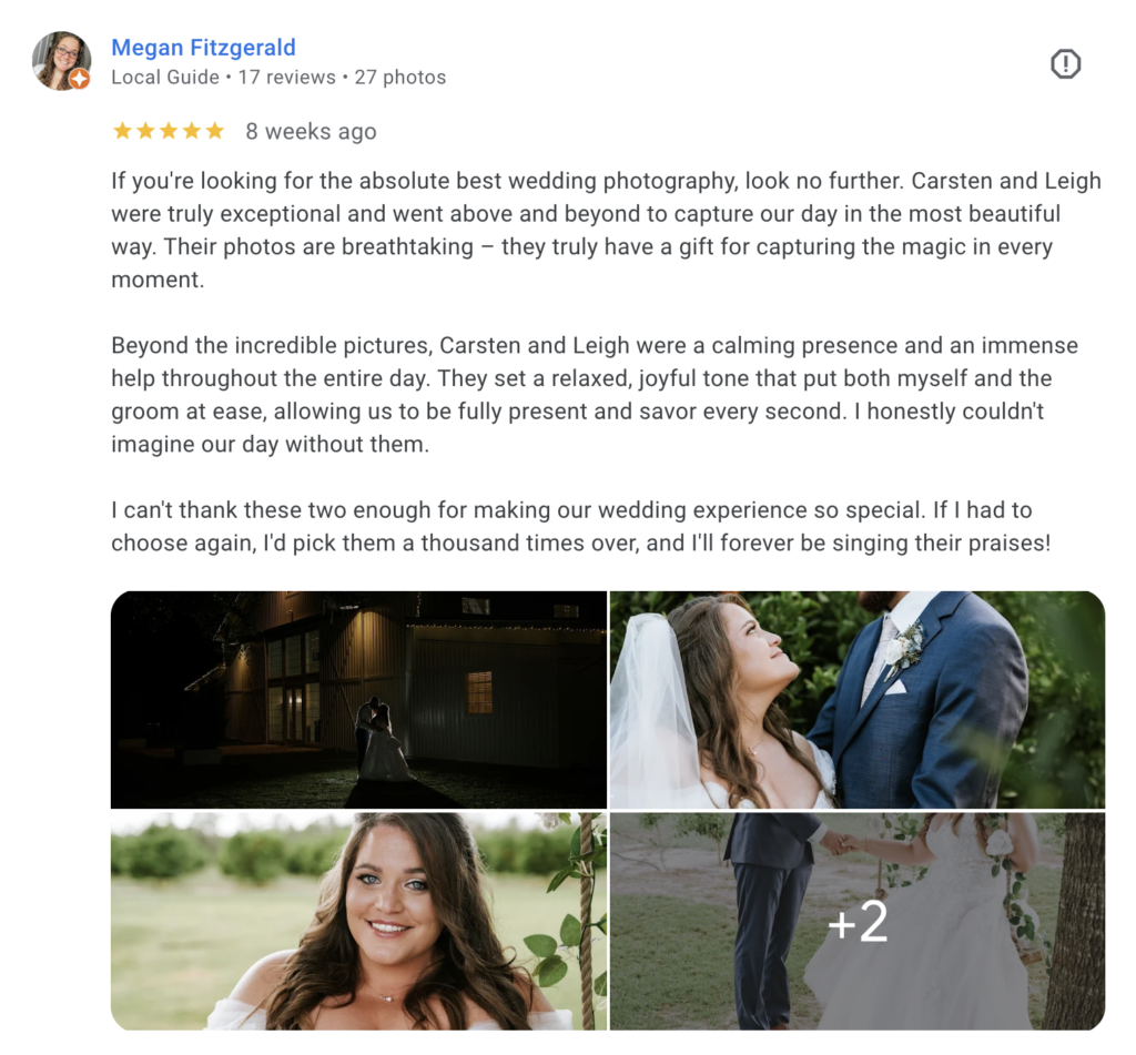 Megan's review about her experience with Visual Arts Wedding Photography